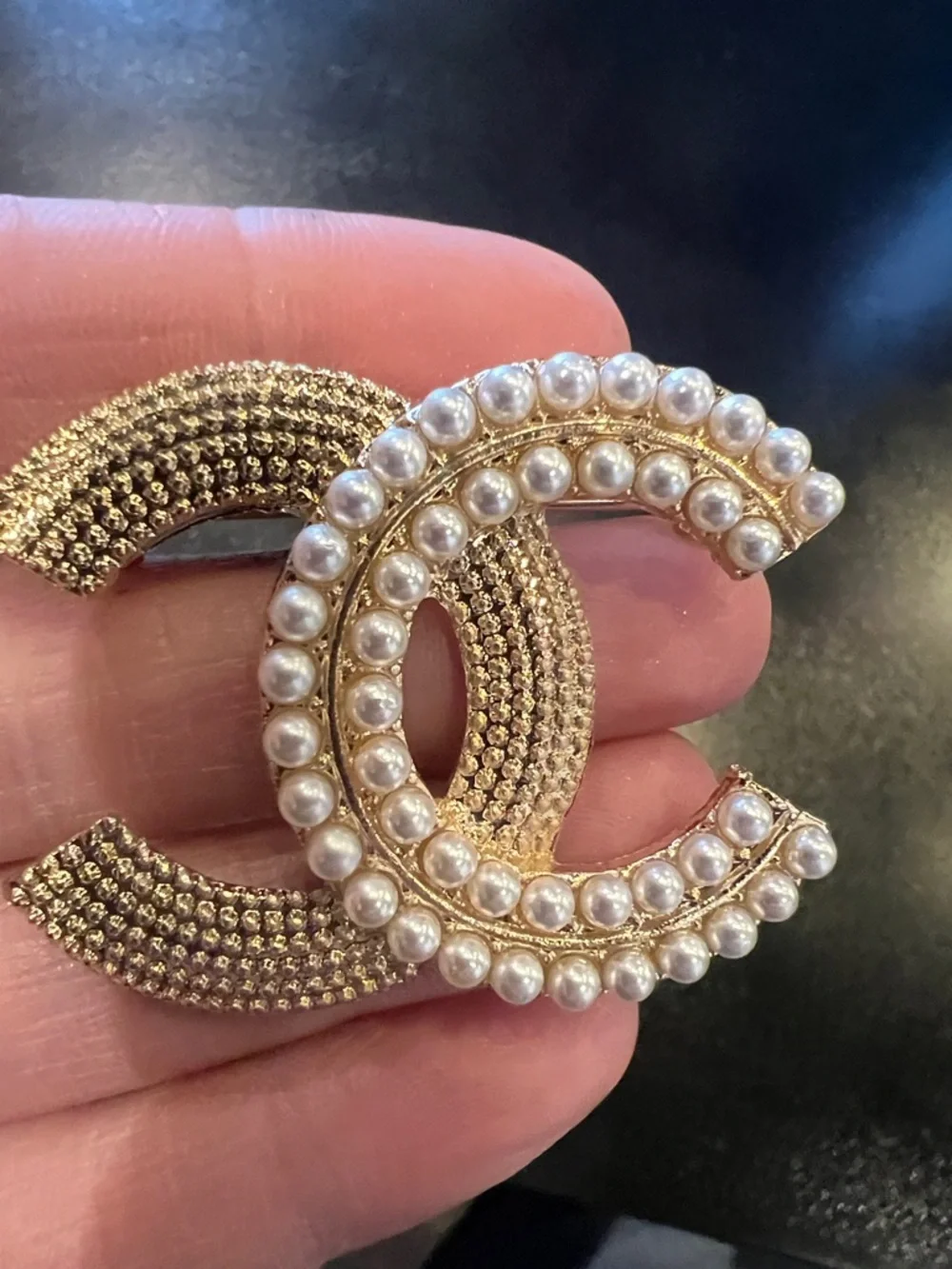 CHANEL Gold-Tone Double C Brooch with Pearl Trim - Picture 5 of 5